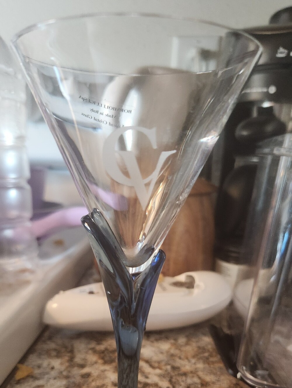 Courvoisier Etched Stemmed Wine Glass with Blue Stem